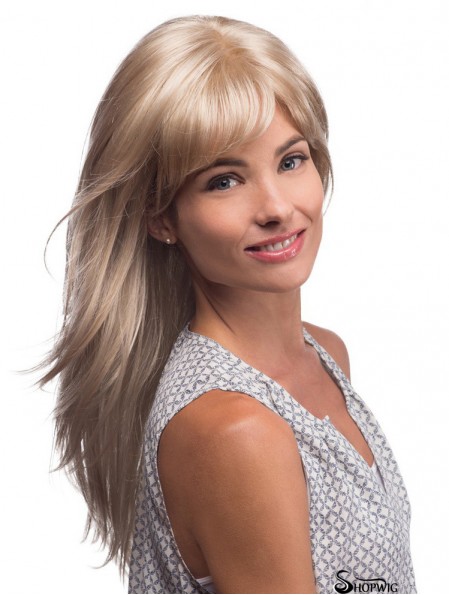 Long Blonde Wig With Bangs Monofilament Synthetic Straight Style