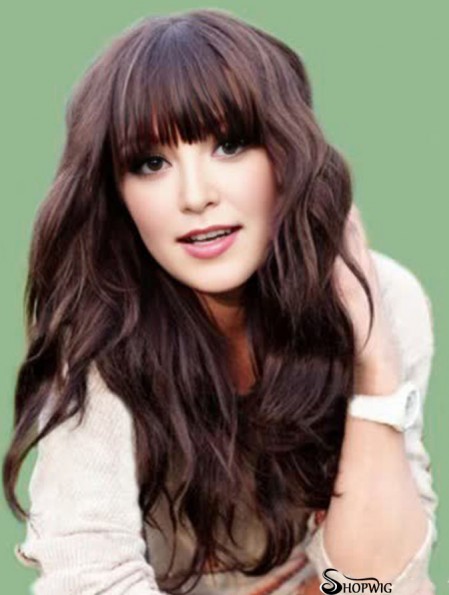 Real Hair  Wigs Long Length Brown Color With Bangs Monofilament