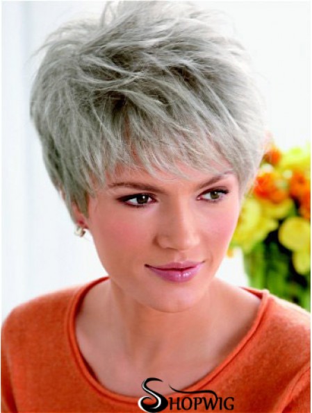 Synthetic Fashion Cropped Straight Grey Wigs