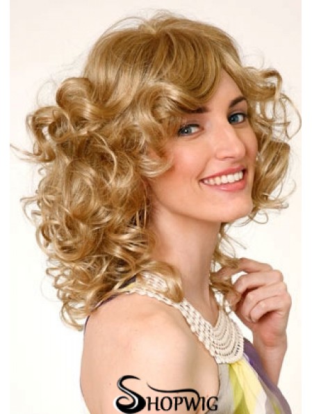 Layered Blonde Curly Shoulder Length 16 inch Durable Medium Wigs