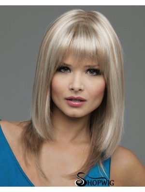 Straight With Bangs Shoulder Length Blonde Natural Lace Front Wigs