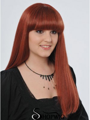22 inch Red Long Straight With Bangs Monofilament Real Hair Wigs