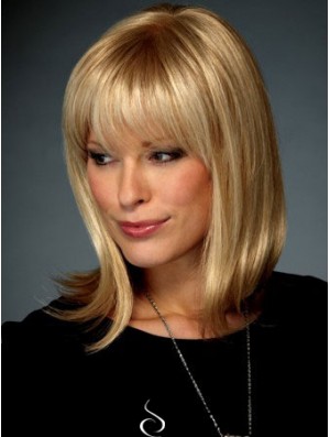 Straight With Bangs Shoulder Length Blonde Affordable Lace Front Wigs