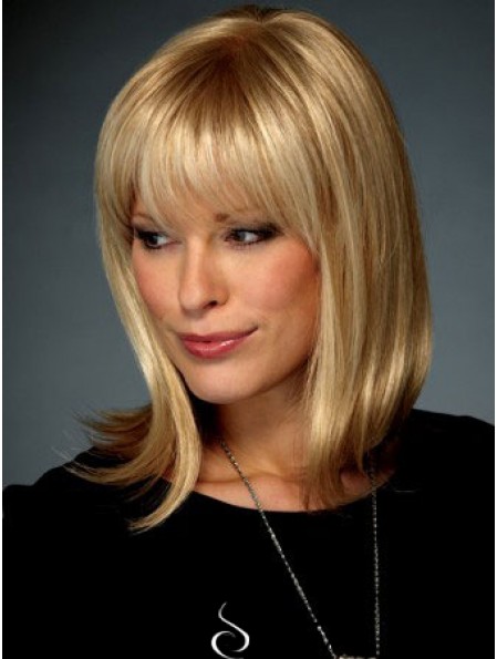 Straight With Bangs Shoulder Length Blonde Affordable Lace Front Wigs