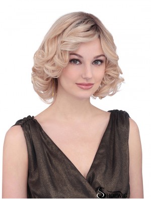 Chin Length Curly With Bangs Fabulous Blonde Lace Front Wigs
