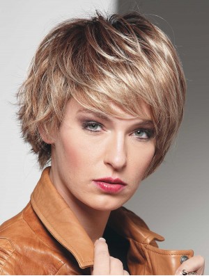Short Straight With Bangs Blonde Affordable 100% Hand-tied Wigs