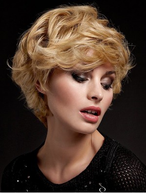 Wavy With Bangs Short Blonde Soft Lace Front Wigs