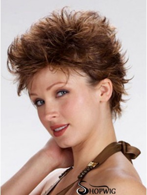 100% Hand Tied Cropped Brown Wavy Boycuts Monofilament Wig Sale