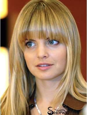 Blonde Long Straight With Bangs 100% Hand-tied Wig For Sale