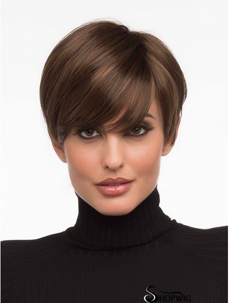 Fashionable Brown Cropped Straight Boycuts Monofilament Wigs