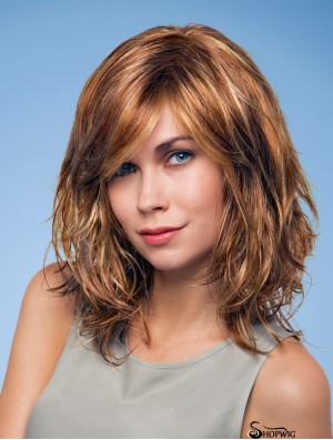 Layered Shoulder Length Wavy Auburn 12 inch Natural Monofilament Wigs