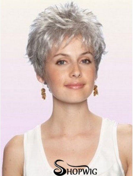 Grey Wig With Capless Cropped Length Boycuts Wavy Style