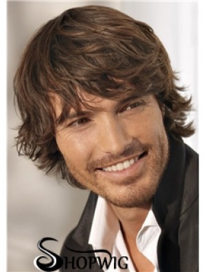 Brown Remy Human Short Wavy Monofilam Cheap Wigs For Men