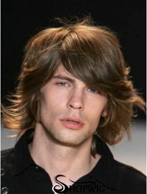 Auburn Chin Length Capless Wavy Mens Real Hair Wig