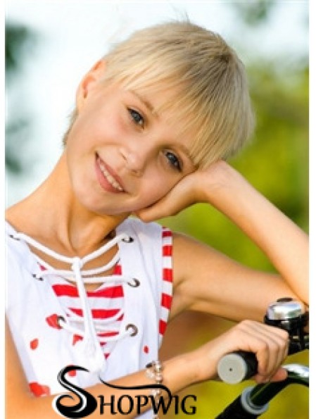 Straight Short Blonde Remy Human Hair 100% Hand-tied Kids Wigs