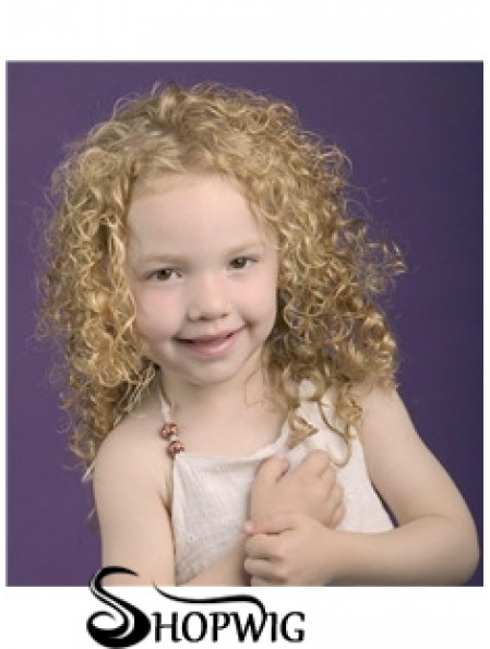 Curly Shoulder Length Blonde Synthetic 100% Hand-tied Kids Wigs