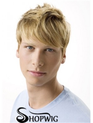 Remy Human 100% Hand Tied Short Wavy Blonde Wigs For Men