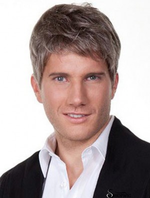 Straight Grey 100% Hand Tied Remy Human 6 inch Silk Wigs For Men