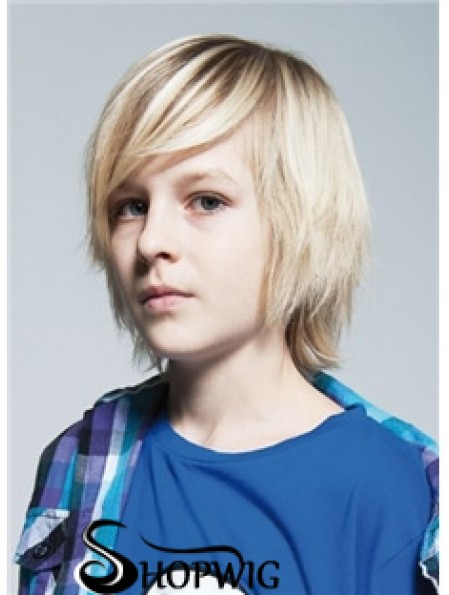 Straight Chin Length Blonde Remy Human Hair Capless Kids Wigs