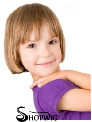 Straight Short Blonde Remy Human Hair 100% Hand-tied Kids Wigs