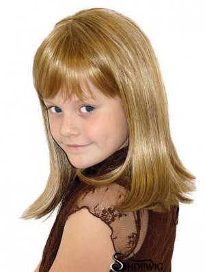 Straight Shoulder Length Blonde Synthetic 100% Hand-tied Kids Wigs