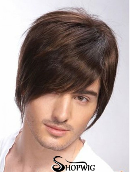 100% Hand Tied Brown Remy Human Short Straight Wigs Man