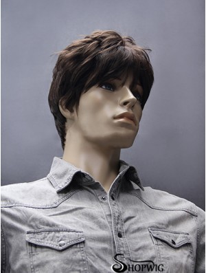 Synthetic Capless 5 inch Brown Short Straight Mens Wigs