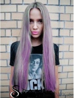 Fashionable Ombre/2 Tone Long Straight Without Bangs 28 inch Human Lace Wigs