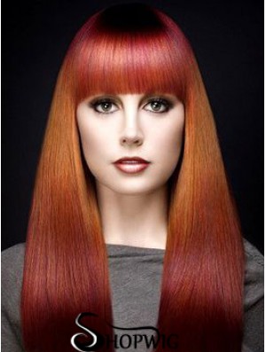 Popular Ombre/2 Tone Long Straight With Bangs 18 inch Human Lace Wigs