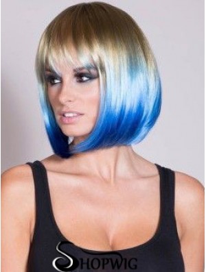 Discount Ombre/2 Tone Short Straight With Bangs 14 inch Human Lace Wigs