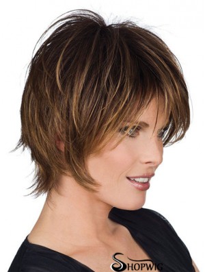 Short Wigs With Remy Capless Straight Style Brown Color Layered Cut