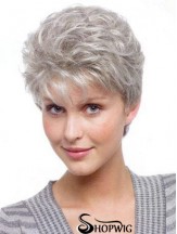 Wigs For Elderly Lady With Synthetic Grey Cut Wavy