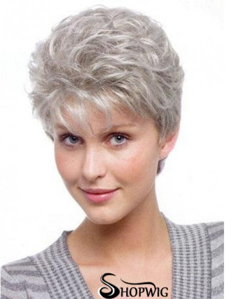 Wigs For Elderly Lady With Synthetic Grey Cut Wavy Style