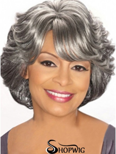 Capless Chin Length Grey Wavy Cheap Human Hair Wigs