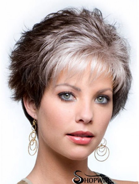 Capless Cropped Grey Wavy Synthetic Wig For Elderly lady