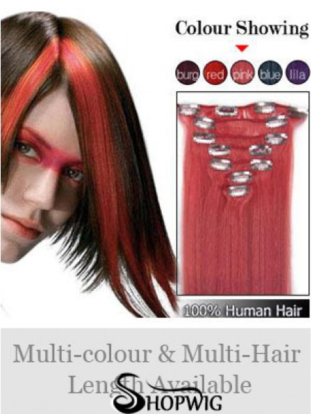 Comfortable Red Straight Remy Human Hair Clip In Hair Extensions