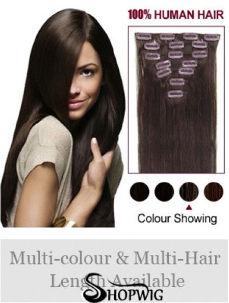 Clip In Human Hair Extensions Full Head Brown Color Straight Style